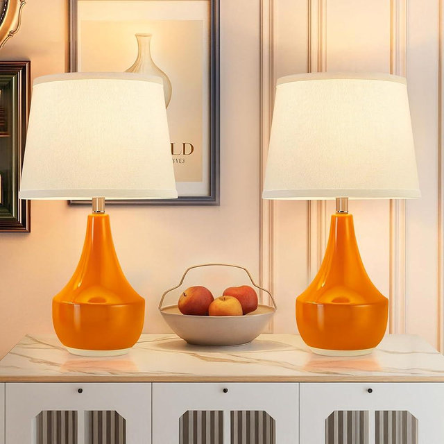 GyroVu Table Lamp Set of 2, Ceramic Table Lamp Classic Beside Lamps Nightstand Lamp Modern Table Lamp for Living Room, Bedroom & Office Rocker Swtich Orange-LED Bulbs Included