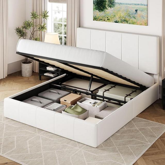 Allewie Queen Size Velvet Lift Up Storage Bed Frame, Vertical Channel Tufted Headboard, Hydrualic Underneath Storage, Upholstered Platform Bed, Wooden Slats Support, No Box Spring Needed, White
