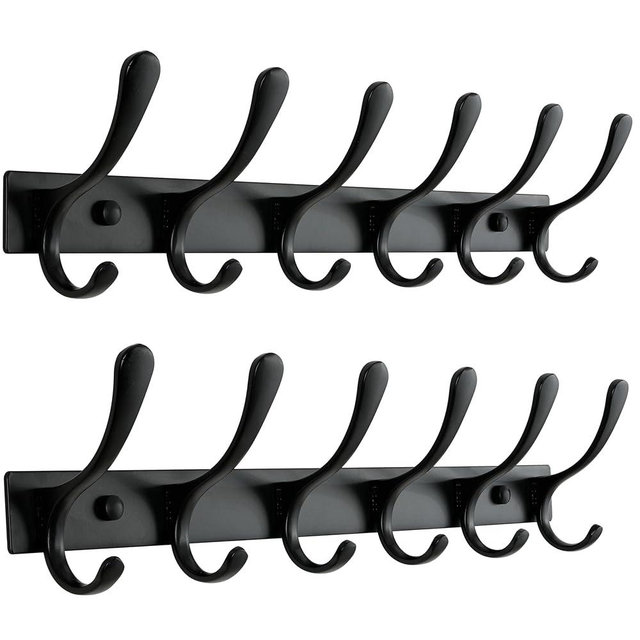 SKOLOO Heavy Duty Wall Mounted Coat Rack - 6 Hooks, Stainless Steel, Pack of 2, Sturdy Coat Hooks for Hanging Clothes, Jacket, Hat, Black