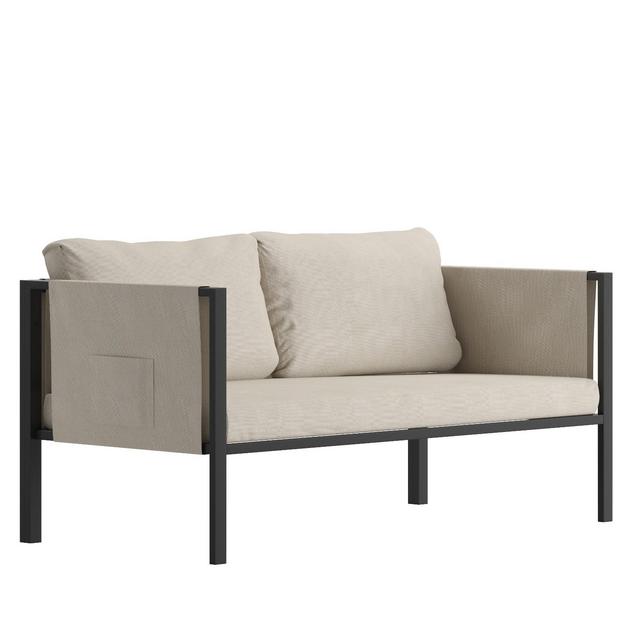 Flash Furniture Lea Indoor/Outdoor Loveseat with Cushions - Modern Steel Framed Chair with Storage Pockets, Black with Beige Cushions