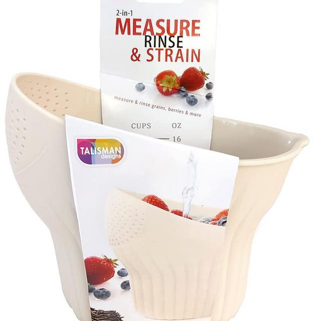 Talisman Designs 2-in-1 Measure Rinse & Strain | Holds up to 2 Cups | Food Strainer | Fruit Washing Basket | Strainer & Colander for Kitchen Sink | Dishwasher Safe - Cream