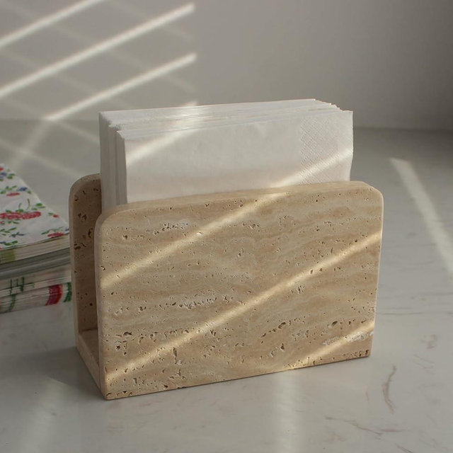 Natural Travertine Napkin Holder for Table, Upright Napkin Dispenser for Kitchen Dining Farmhouse Cocktail Picnic Bar 5.9x3.9x2.8 inches