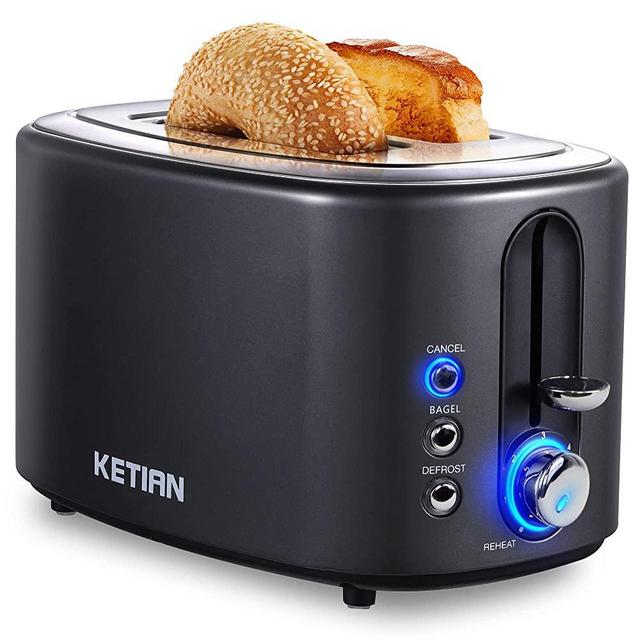 Toaster 2 Slice KETIAN Retro Bagel Toaster 1.5’’ Extra Wide Slot, 6 Toast Settings/ Cancel/ Reheat/ Bagel/Defrost Functions, Removable Crumb Tray, 800W, Black (Toaster)