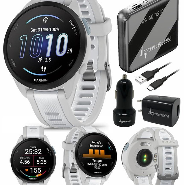 Wearable4U - Garmin Forerunner 165 Running Smartwatch, Colorful AMOLED Touchscreen, Training Metrics and Recovery Insights Includes PowerPack and Adapters Bundle, Mist Gray/Whitestone