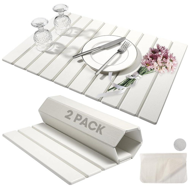 2 Pack Stone Dish Drying Mat for Kitchen Counter, Foldable Diatomaceous Earth Drying Pad, Fast Water Absorbing Drying Mat for Dishes, Utensils, Bottles (Large 24”x16”) White