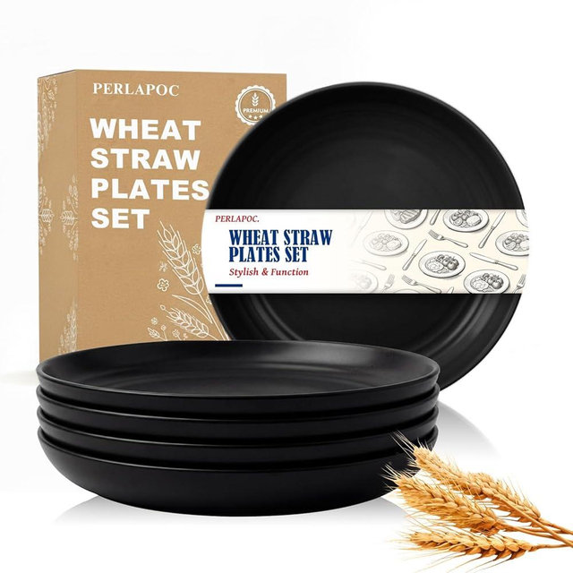 Perlapoc Unbreakable 8 Inch Dinner Plates Set of 6, Wheat Straw Dessert Plates, Lightweight Reusable Plastic Plates, Microwave & Dishwasher Safe for Party, Picnic, Family, Black