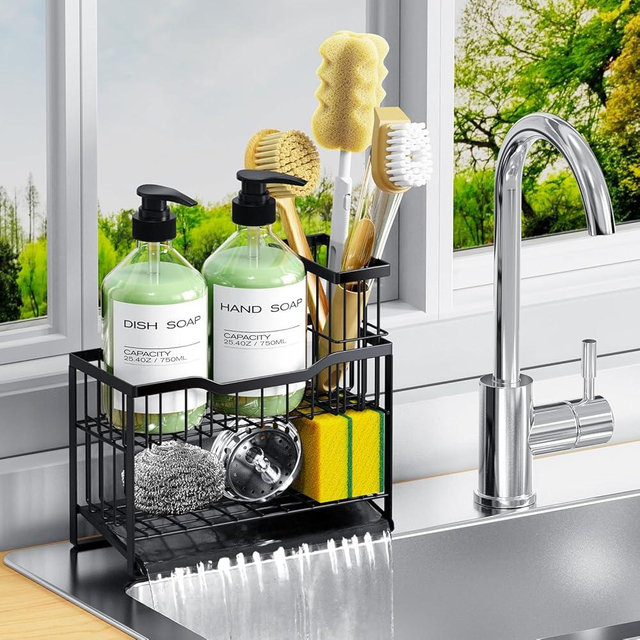 DYFVPOU 2-Tier Self-Draining Sponge Holder for Kitchen Sink - Rustproof Non-Slip Sink Caddy with Dish Brush Holder & Fits for Most Soap Dispensers - Black