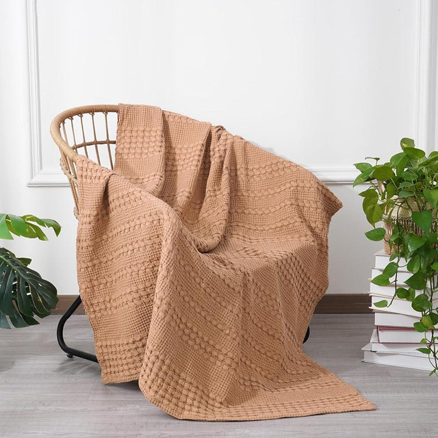PHF 100% Cotton Waffle Weave Throw Blanket - Washed Soft Lightweight Blanket for All Season - Breathable and Skin-Friendly Blanket for Couch Bed Sofa 50"x60" - Camel