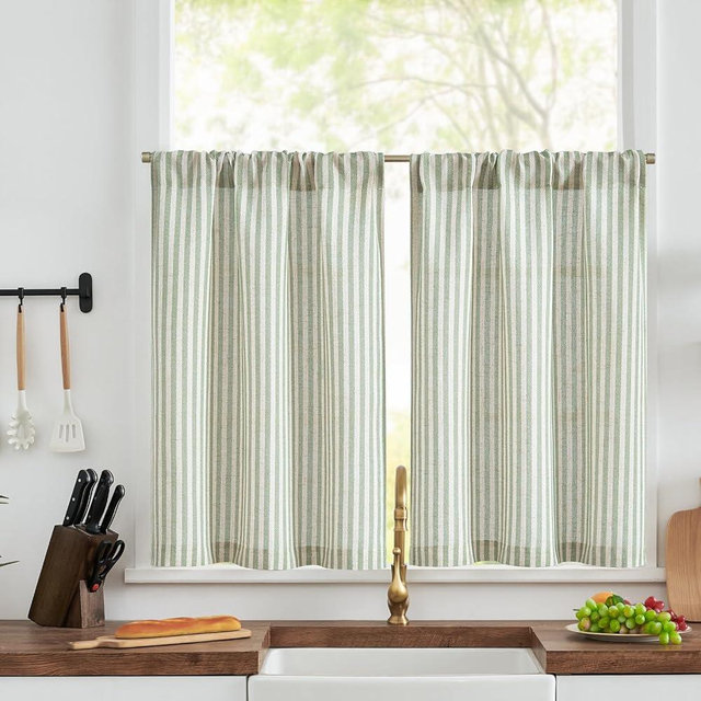 jinchan Striped Linen Kitchen Curtains 30 Inch Length Pinstripe Farmhouse Cafe Tier Curtains for Living Room Bathroom Rustic Half Window Light Filtering Rod Pocket Small Drapes 2 Panels Sage Green
