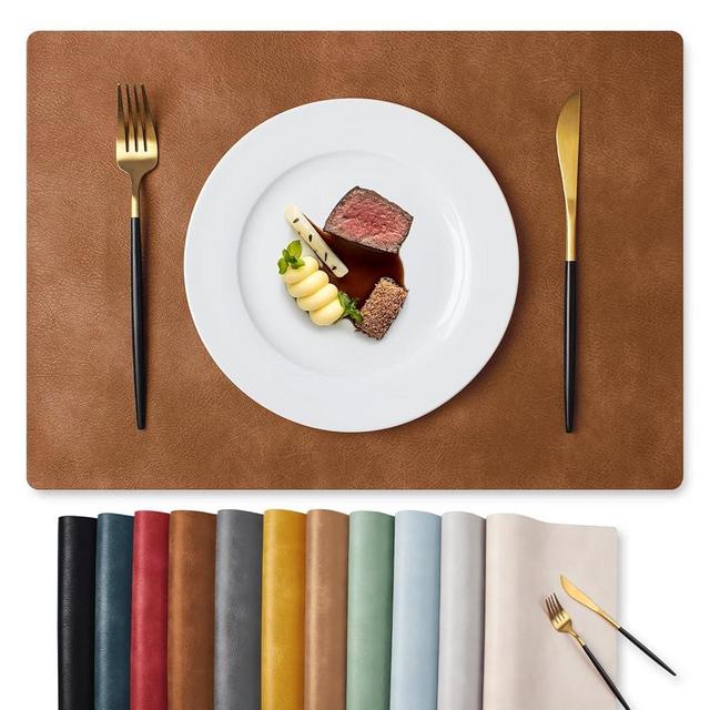MOSAYT Vinyl Placemats Set of 8-12 X 18 Inch - Faux Leather 100% Waterproof Oil-Proof Wipeable PU Place Mats, Heat Resistant Reversible Table Mats for Kitchen, Dining, Outdoor (Reddish Brown)