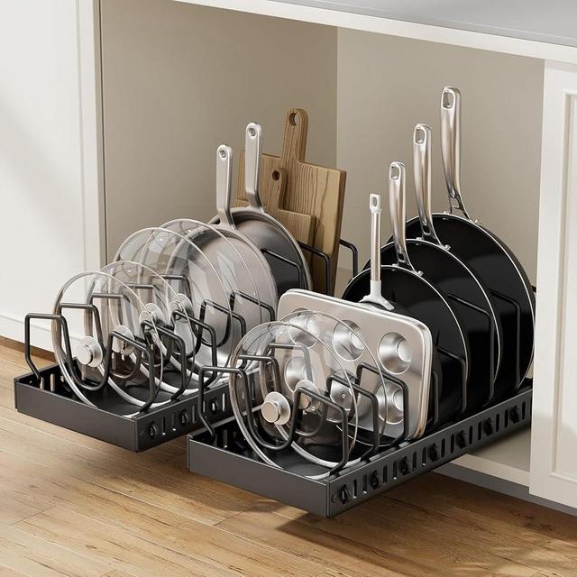 SUNZOS Pull Out Pot Lids Organizer Rack, 2 Pack Pots and Pans Organizer for Under Cabinet, Pot Lid Holder with 8 Adjustable Compartment for Kitchen Cabinet Cookware Baking
