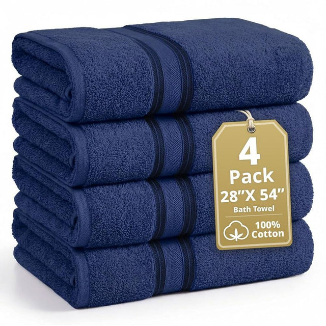 LANE LINEN 100% Cotton 4 Pack Bath Towels (28"x54") - Zero Twist, Mercerized Cotton Towels Set for Bathroom - Quick Dry, Soft & Absorbent Large Bath Towel Set - Dorm Essentials for Boys - Navy Blue