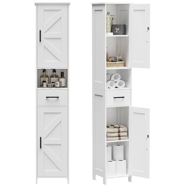 Homhedy 67" H Tall Bathroom Storage Cabinet with 2 Barn Doors and 1 Drawer, Narrow Storage Unit, Adjustable Shelves, Floor Cabinet for Bathroom, Living Room, Entryway, Kitchen, White, (11.8" W)