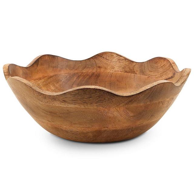 Mela Artisans Wooden Scalloped Bowl - Large | Ruffle Decorative Style | Rustic Kitchen Decor | Mango Wood | Natural Grain Finish | Fits Bread, Fruits, Salad or Popcorn | 12” x 4” x 11”