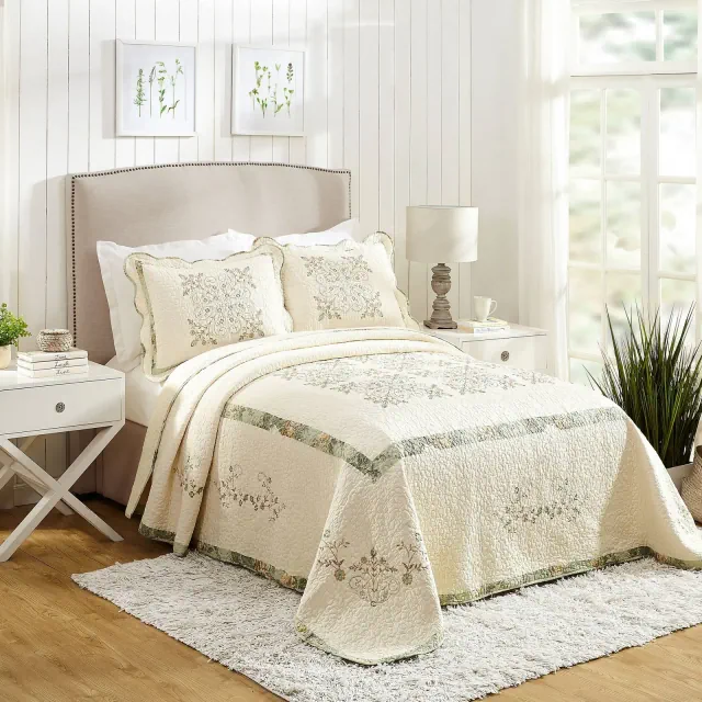 King Vintage Treasure Bedspread Ivory - Mary Jane's Home: Floral Pattern, Cotton Fill, Machine Washable