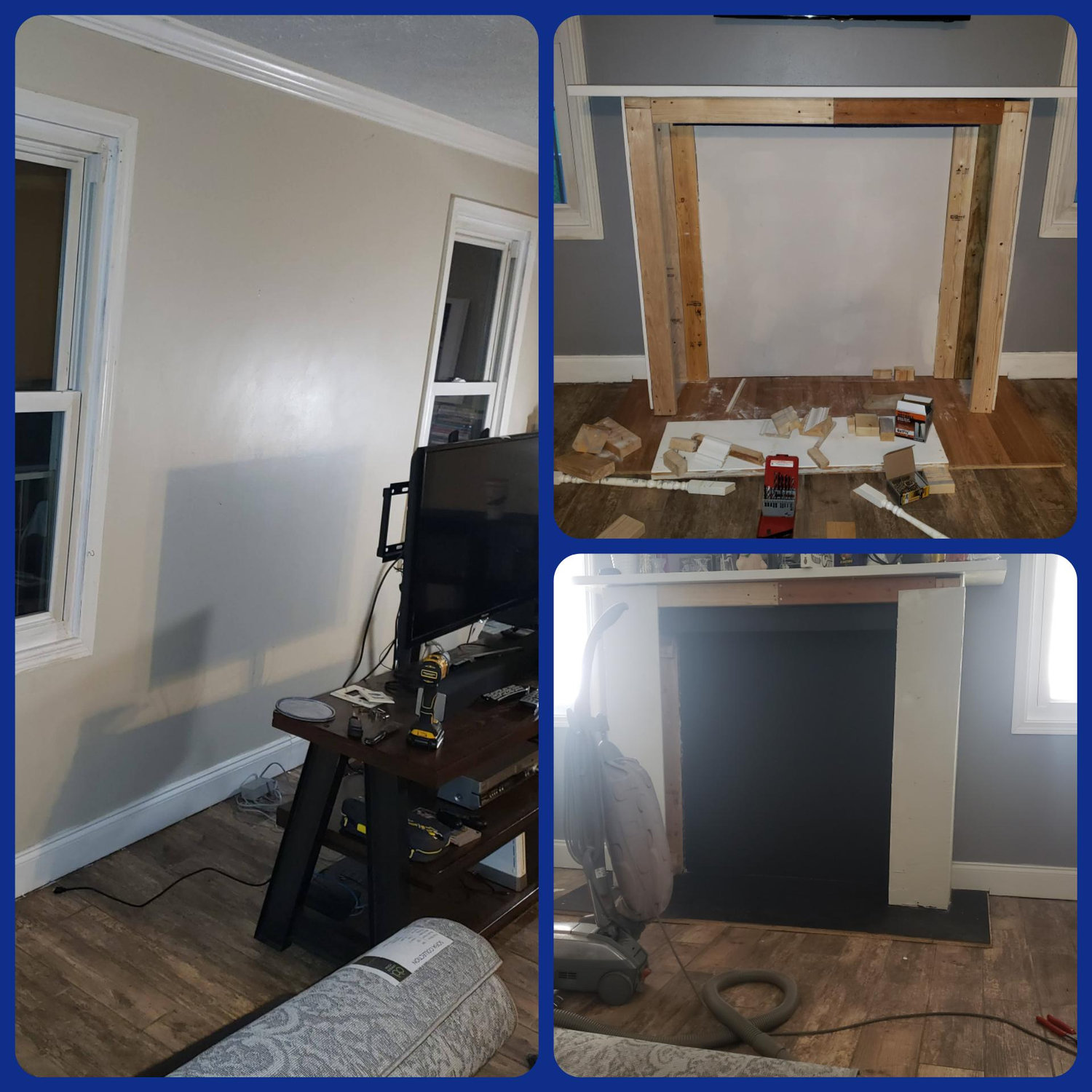 Our living room is shaped weird. There wasn't any direction or purpose. Vickey built the fireplace! (Not completed yet)
