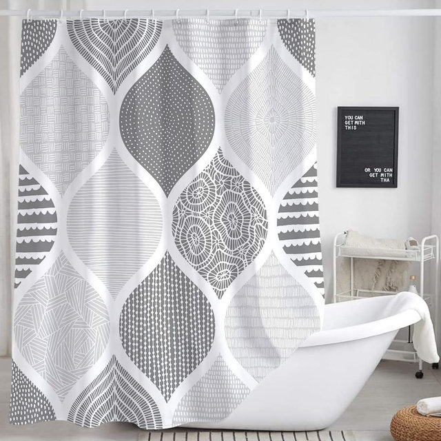 JAWO Grey Shower Curtain, Gray Retro Bohemian Geometric Fabric Shower Curtains Set for Bathroom Decorative, Boho Modern Abstract Paisley Restroom Decor Accessories with Hooks 72X84 Inch