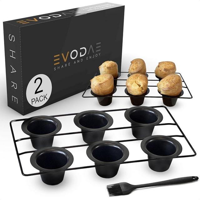EVODAE® 2PCS Popover Pans Nonstick 12-2x6 Pieces - Pro-Grade - Strong Built Metallic Cups - Deep Pan - Premium Black PPG Coated - Baking Popovers-Muffin-Yorkshire Pudding-Jumbo Cupcake-Cake-Cruffin