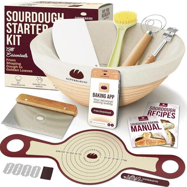 Superbaking Banneton Bread Proofing Basket Set with Silicone Dough Sling, 9" Splinter-Free Proofing Basket, Non-Stick Dutch Oven Liner, Sourdough Starter Kit, Sourdough Bread Baking Supplies & Tools