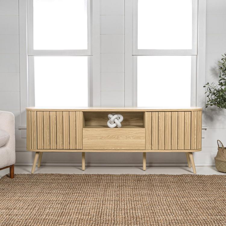 JONATHAN Y, Damien Farmhouse Curved TV Stand with Drawer & Storage