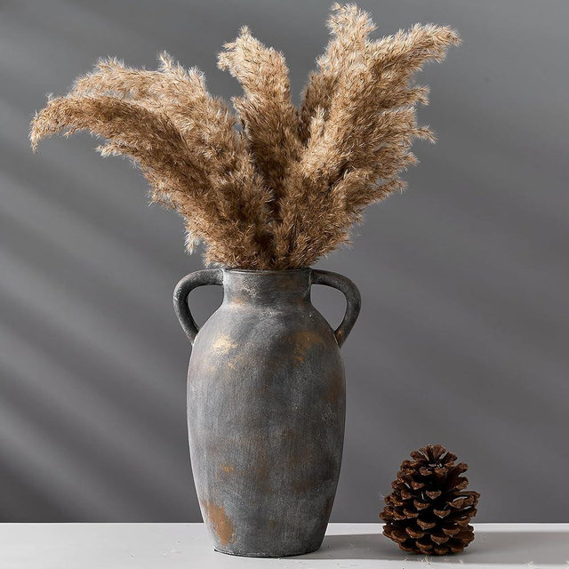 PORCER 9.84 Inch Terracotta Vase with Handles, Ceramic Rustic Vase for Home Decor, Vintage Antique Farmhouse Decor for Living Room, Table, Thanksgiving - Black Bronze