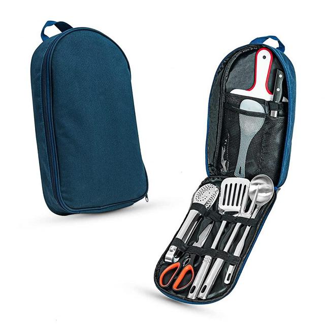 Gonioa Portable Outdoor Utensil Kitchen Set, 9 Piece Camp Kitchen Cooking Utensil Set, Cookware Equipment Kit and Chopping Board, Scissors & Camp Knife, Grill Supplies or Camping, Hiking, RV, Travel