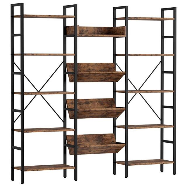 IRONCK Bookcases and Bookshelves Triple Wide 5 Tiers Industrial Bookshelf, Large Etagere Bookshelf Open Record Player Shelves with Metal Frame for Living Room Home Office