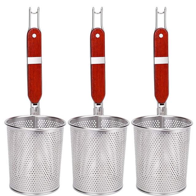 Lawei 3 Packs Mesh Pasta Basket with Wooden Handle Stainless Steel Mesh Spider Strainer for Pasta, Noodles, Dumpling