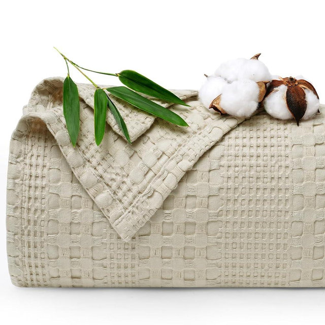 PHF Cooling Bamboo Waffle Blanket King Size 104"x90", Soft Lightweight Breathable Blanket for Hot Sleepers, Luxury Decorative Cotton Blanket for Couch Bed Sofa, Linen