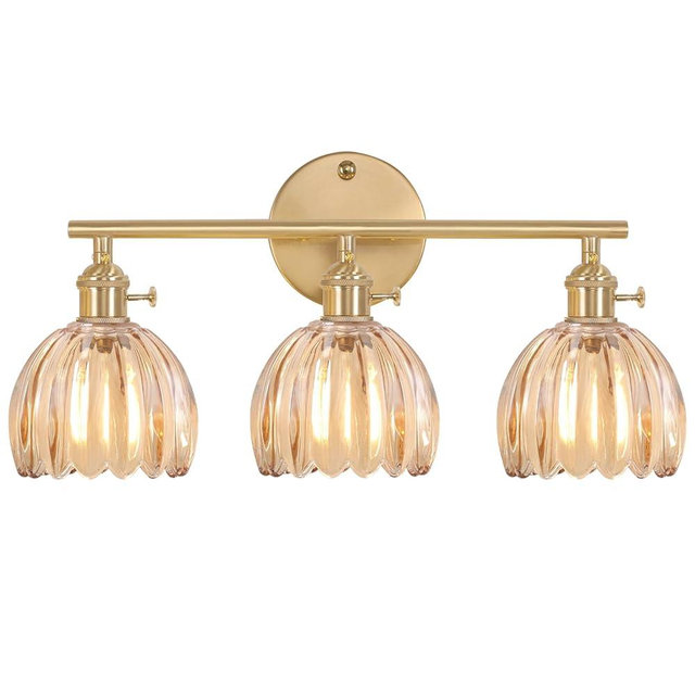 Shenmoyl Bathroom Light Fixtures, 3-Light Brass Vanity wall Light Over Mirror with Amber Tulip Glass Shade for Bedroom Living Room (Bulb Not Included)