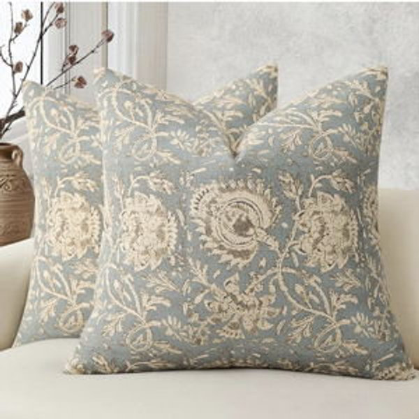 SKY BLUE Vintage Floral Print Throw Pillow Covers 16x16 Set of 2 Neutral Modern Farmhouse Pillowcases Accent Decorative Cushion Covers Boho Home Decor for Couch Sofa Chair Bed Living Room, Sky Blue