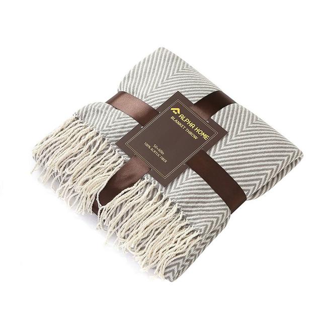 ALPHA HOME Woven Throw Blanket Gray Chevron Blanket with Fringe for Couch Chair Bed Picnic Camping Travel - 50" x 60"