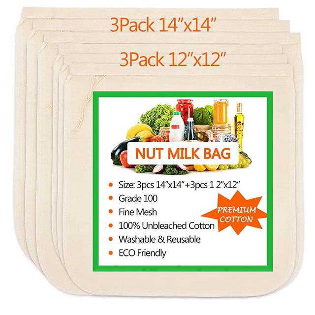 Nut Milk Bag 3Pack 14"& 3Pack 12” for Straining, Reusable Cheesecloth bag,100% Unbleached Cotton Cloth, Strainer for Cheese, Yogurt, Juice, Almond/Oat/Soy Milk,Cold Brew Coffee, Wine,Soup,Herbs