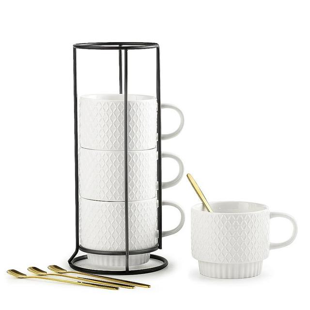 LYEOBOH Coffee Mugs with Metal Stand, 13 oz Stackable Espresso Cups Ceramic Coffee Mug Set Tea Cups with Spoon, Cappuccino Cup for Coffee, Cocoa, Milk, Beverages, White