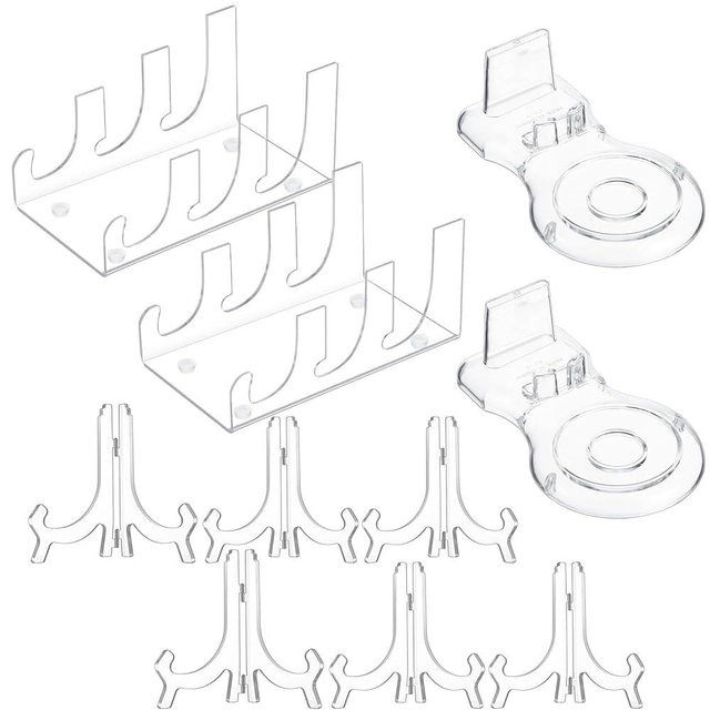 Perthlin 10 Pcs Acrylic Clear China Display Stand 2 Pcs 3 Tiers Dinnerware Display Stand 6 Pack 7 Inch Acrylic Easel Holder 2 Pack Tea Cup Holder for Christmas Dinner Utensils Tableware Picture