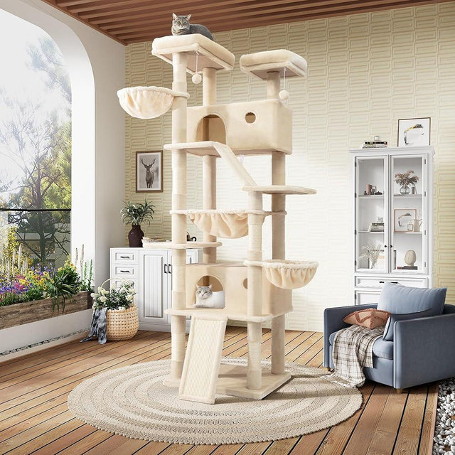 SHA CERLIN 81in Multi-Level Tall Cat Tree Tower for Indoor Kitties/Larger Cat Condo Furniture with Hammock/Cozy Pussycat Perches/Sisal Scratching Posts/Pet House/Wide Base/Beige