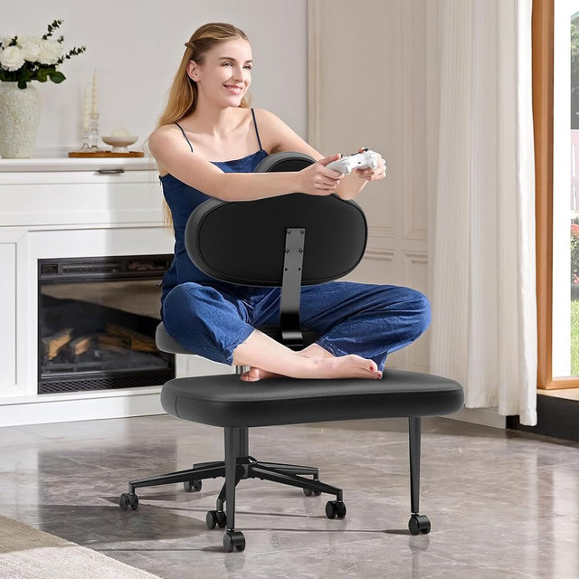 Pinmoco Cross Legged Office Chair with Wheels, Meditation Chair, ADHD Chair for Adults, Wider Height Adjustable Backrest and Seat, Yoga Office Chair, PU Leather, Black