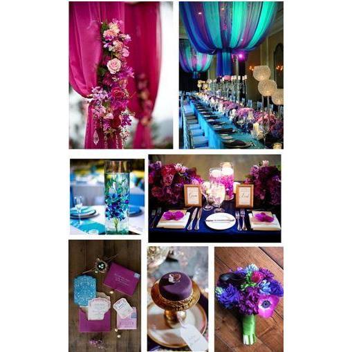 Wedding colors: Jewel Tones (acqua, royal blue, fushia, dark purple) with gold as an accent or neutralizing color.
