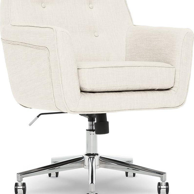 Serta Ashland Modern Office, Stylish Mid-Back Desk Quality, Memory Foam Cushion, Comfy Arm Wheels, Vanity Chair, Metal Base, Chrome Finish, Ivory