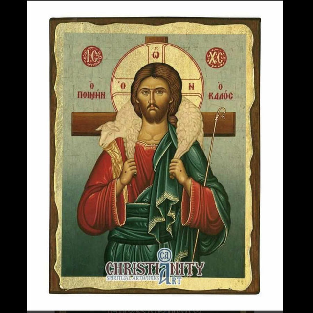 Jesus Christ Good Shepherd - Aged Wooden Icon In Canvas With Gold Background - Mount Athos