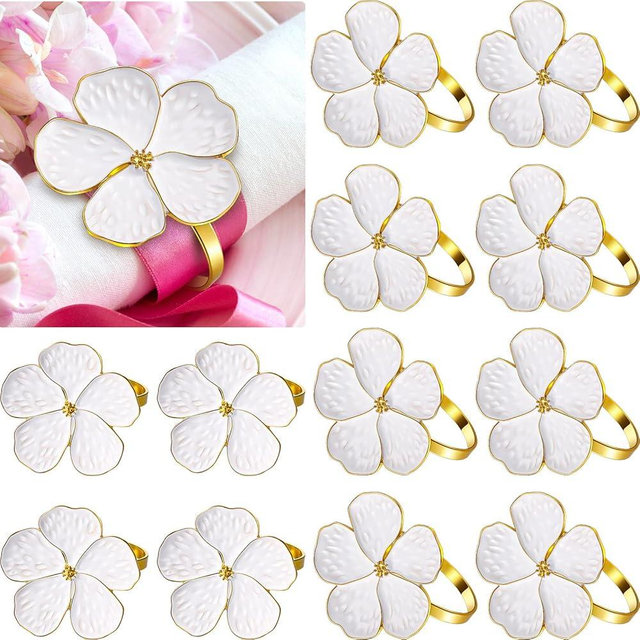Patelai 6 Pcs White Flower Napkin Rings Bulk Gold Cloth Napkin Holder Set Floral Serviette Buckles Table Decor for Mothers Day Wedding Banquet Birthday Baby Shower Dinner Daily Use