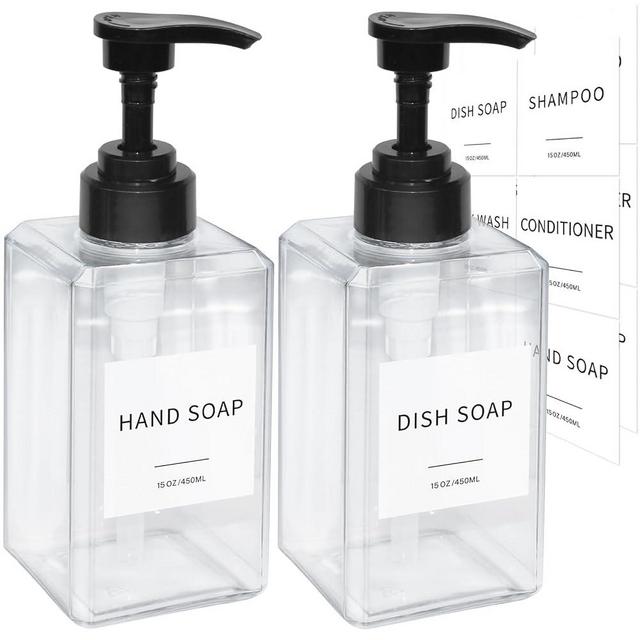 Clear Soap Dispenser with Waterproof Labels, Plastic Hand Soap Dispenser for Bathroom, Thickened Plastic Dish Soap Dispenser, Shampoo and Conditioner Bottles with Funnel (15oz 2 Pack Clear)