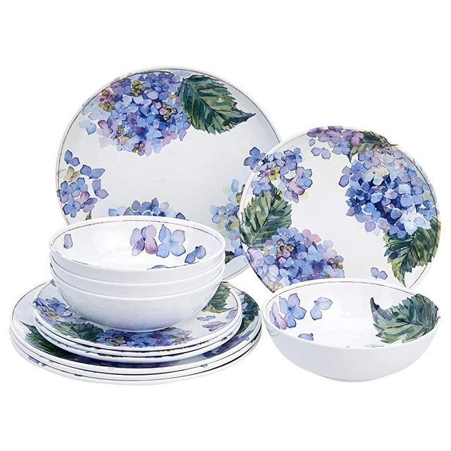 Amazon Basics 12-Piece Melamine Dinnerware Set - Service for 4, Blue Hydrangea Floral