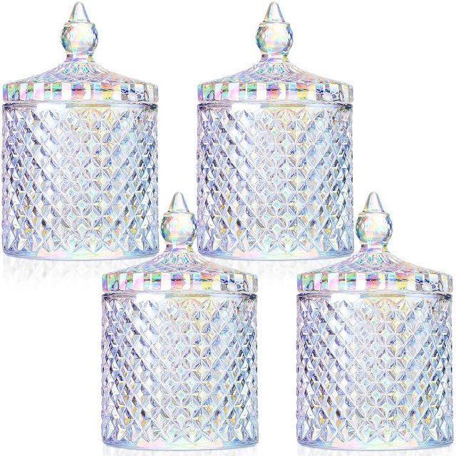 Aoriher 4 Pcs Crystal Glass Candy Jar Set with Lids Home Decorative Storage Jars for Apothecary, Bathroom, Kitchen, and Pantry, Ideal for Cotton Swabs and Jewelry(Medium,Rainbow)