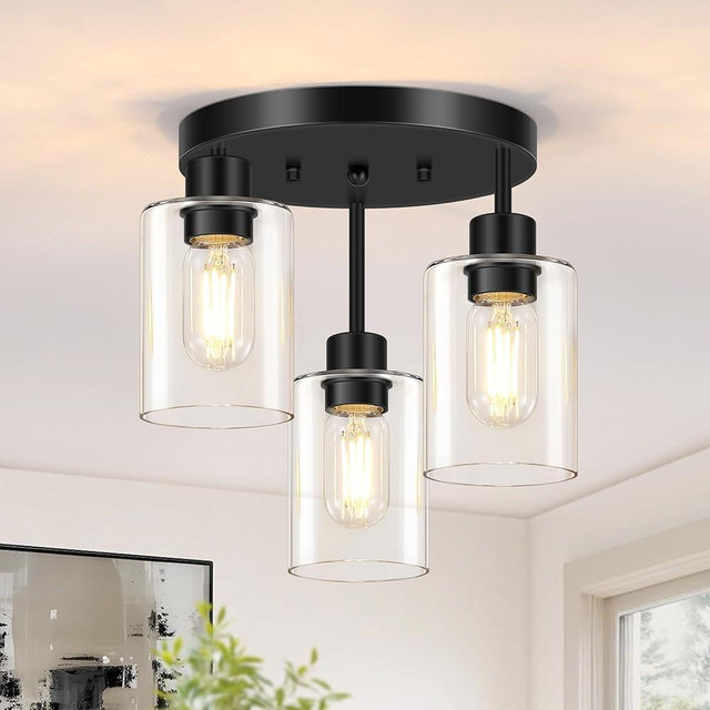 Feanron Farmhouse Flush Mount Ceiling Light, Black 3-Light Hallway Light Fixtures Ceiling with Clear Glass Shades, Light Fixtures Ceiling Mount for Kitchen Living Room Foyer, E26 Base