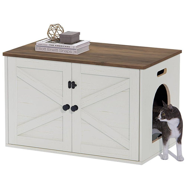 Timberer Cat Litter Box Enclosure, Litter Box Furniture Hidden with Removable Divider, Wooden Cat Washroom Furniture, Indoor Cat House, Rustic Brown and White