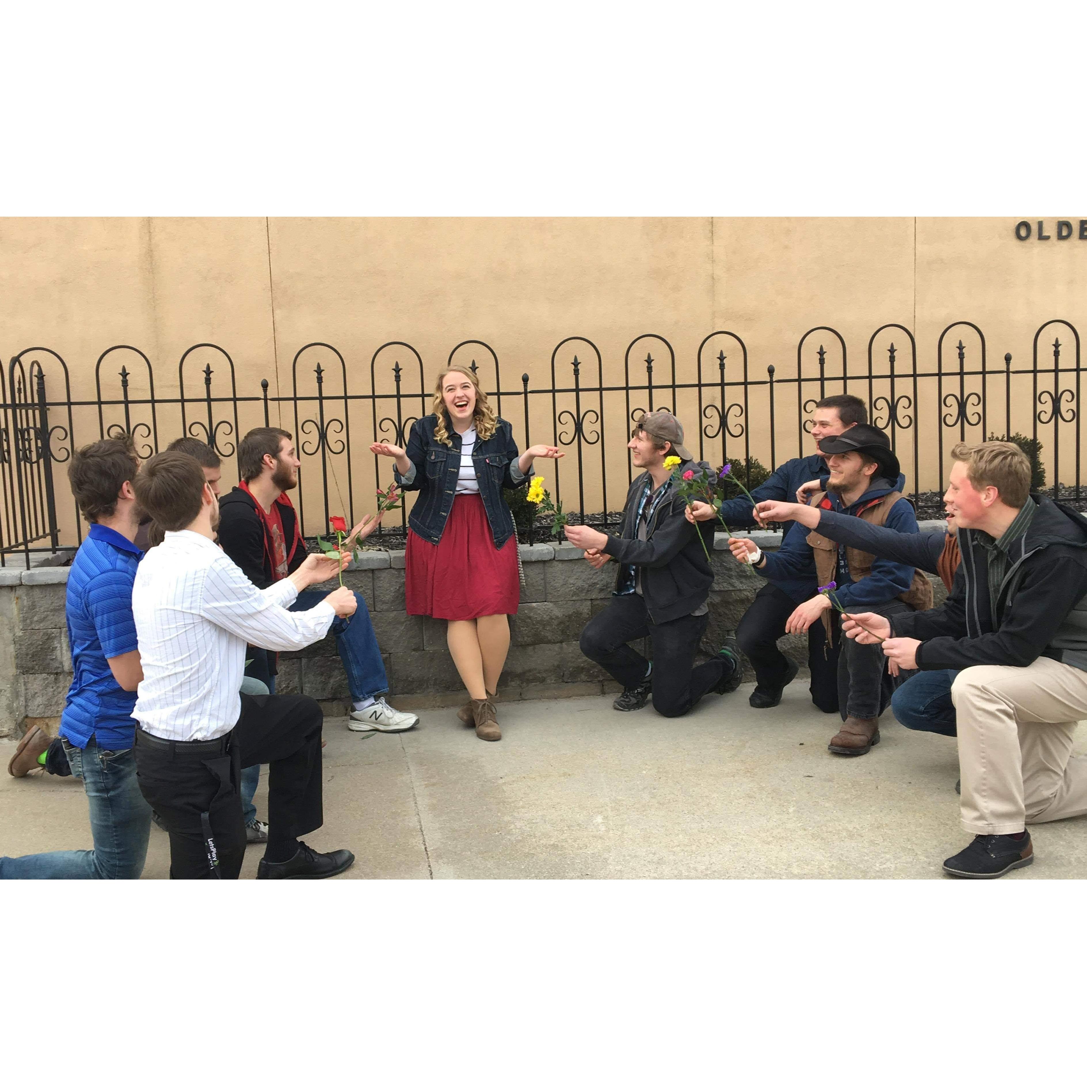 On my 21st birthday, somebody had the goofy idea to have all the guys kneel down and hold out a flower to me. I felt wildly awkward. So did everyone else.
...
It was a good time.