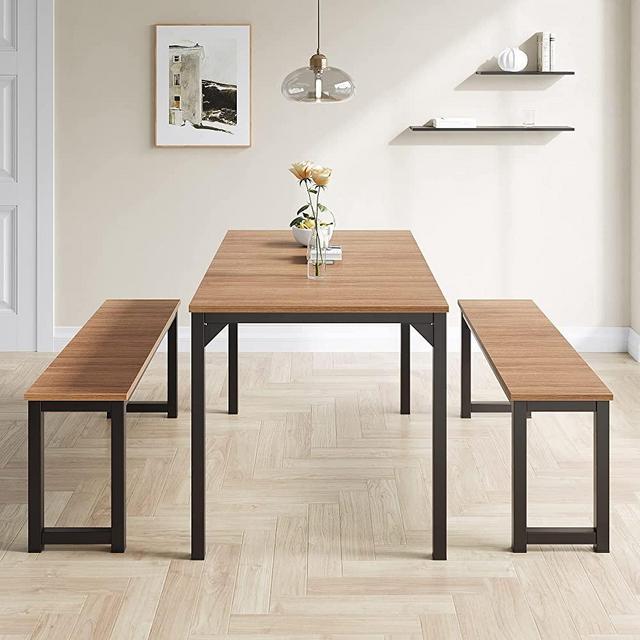 IMUsee 45" Dining Table Set for 4, 3-Pieces Kitchen & Dining Room Sets with Benches, Metal Frame and Wood Board, Sturdy Structure, Easy Assembly, Small Space Dinette, Walnut & Black