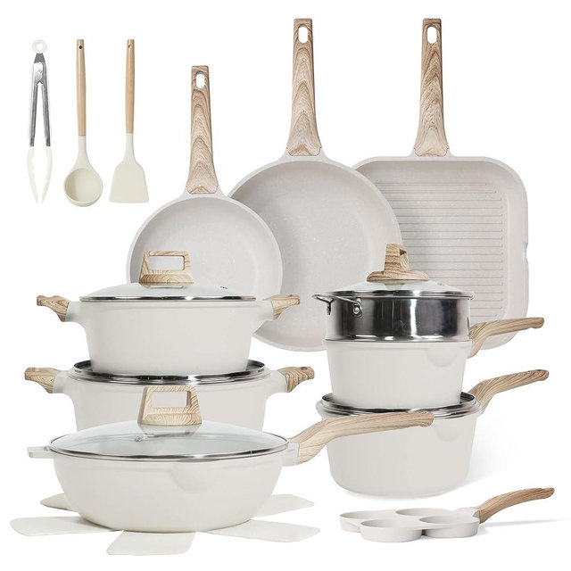 Cuisinluv 23Pcs Pots and Pans Set Non Stick, Kitchen Cookware Sets, Granite Stone Induction Cookware Non Stick Cooking Set w/Frying Pans, Saucepans, Sauté Pan, Griddle Pan, Egg Pan, Cream White