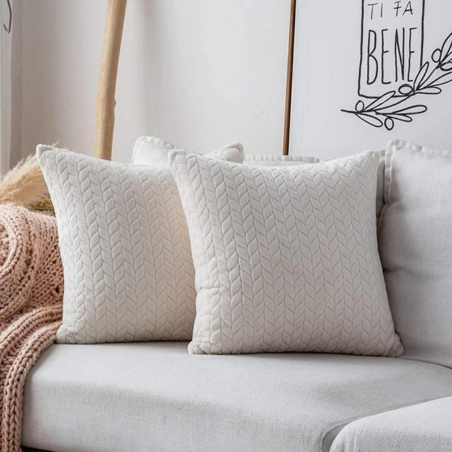 UGASA Velvet Soft Solid Decorative Square Throw Pillow Covers Cushion Case for Sofa Bedroom, 2 Packs, 18x18Inch (45x45cm), Cream